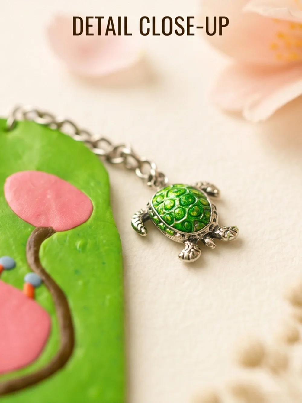 Green Floral Bookmark Charm with Turtle Tassel